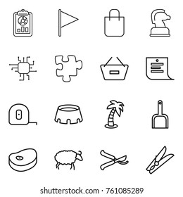 Thin line icon set : report, flag, shopping bag, chess horse, chip, puzzle, remove from basket, list, measuring tape, stadium, palm, scoop, steake, sheep, pruner, clothespin