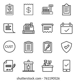 Thin line icon set : report, receipt, cashbox, clipboard, shopping list, atm, terms, customs, pen, protected, inventory, detector, inspector, mobile checking