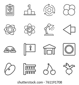 Thin line icon set : report, pedestal, around gear, atom core, table lamp, left arrow, dome house, important flag, warehouse, ring button, beans, watering, cherry, beet