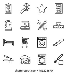 Thin line icon set : report, dollar magnifier, star, abacus, chess horse, notebook, pencil wrench, block wall, bed, Chair for babies, washing machine, stairs, garlic clasp, cheese, toilet brush