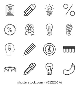 Thin line icon set : report, pencil, bulb, percent, medal, head, info, bridge, eggplant