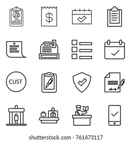 Thin line icon set : report, receipt, calendar, clipboard, shopping list, cashbox, terms, customs, pen, protected, inventory, detector, baggage checking, inspector, mobile