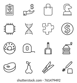 Thin line icon set : report, investment, shopping bag, chess horse, chip, dna, puzzle, dollar coin, donut, measuring tape, scoop, hand mill, steake, pear, clothespin, toilet brush