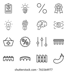 Thin line icon set : report, bulb, percent, medal, brain, eye identity, add to basket, equalizer, bridge, fence, eggplant