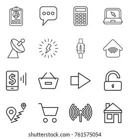 Thin line icon set : report, message, calculator, notebook, satellite antenna, lightning, smart watch, wireless home, mobile pay, remove from basket, right arrow, unlock, route, cart, house