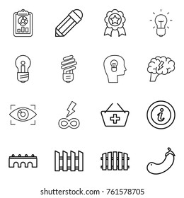 Thin line icon set : report, pencil, medal, bulb, head, brain, eye identity, infinity power, add to basket, info, bridge, fence, eggplant