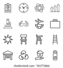 Thin line icon set : report, clock, atom, graph up, microscope, smart glasses, plane shipping, suitcase, sun, chair, for babies, stairs, garage, recycling, housing, do not distrub