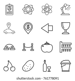 Thin line icon set : report, atom, table lamp, car pointer, dollar pin, left arrow, wineglass, dome house, vip fence, tomato, watering, cherry, potato, wine, foam bucket