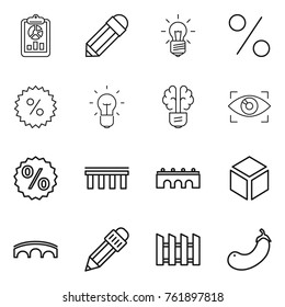 Thin line icon set : report, pencil, bulb, percent, brain, eye identity, bridge, 3d, fence, eggplant