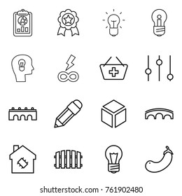 Thin line icon set : report, medal, bulb, head, infinity power, add to basket, equalizer, bridge, pencil, 3d, smart house, fence, eggplant