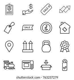 Thin line icon set : report, investment, sale, up down arrow, label, info, smart house, geo pin, cargo top sign, heavy, medal, train, grill oven, package, please clean