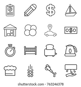 Thin line icon set : report, pencil, dollar, boat, warehouse, atom core, car pointer, money, stopwatch, crib, toaster, kettle, chief hat, spikelets, blower, hand dryer