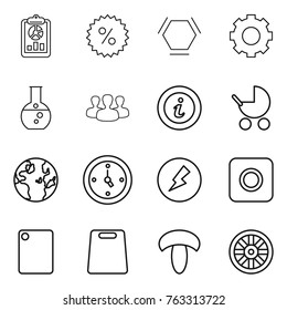 Thin line icon set : report, percent, hex molecule, gear, round flask, group, info, baby stroller, globe, watch, electricity, ring button, cutting board, mushroom, wheel