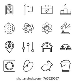 Thin line icon set : report, flag, calendar, pedestal, around gear, atom, table lamp, dollar pin, equalizer, barn, dome house, ring button, beans, rabbit, foam bucket