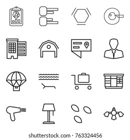 Thin line icon set : report, diagram, hex molecule, cell corection, houses, barn, location details, client, parachute delivery, lounger, baggage trolley, wardrobe, hair dryer, floor lamp, seeds