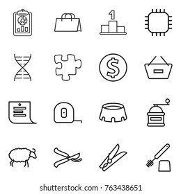 Thin line icon set : report, shopping bag, pedestal, chip, dna, puzzle, dollar coin, remove from basket, list, measuring tape, stadium, hand mill, sheep, pruner, clothespin, toilet brush