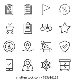 Thin line icon set : report, clipboard, flag, percent, add to cart, sale, star, info, geo pin, sun potection, protected, mobile checking, map, handwheel, nightstand
