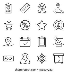 Thin line icon set : report, sale, medal, car pointer, add to cart, percent, star, info, geo pin, terms, clipboard, sun potection, check in, map, handwheel, nightstand