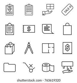 Thin line icon set : report, clipboard, gift, sale, receipt, shopping list, bag, drawing compasses, plan, tax, documents, do not trolley sign, toilet paper, hand dryer