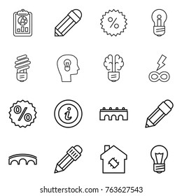 Thin line icon set : report, pencil, percent, bulb, head, brain, infinity power, info, bridge, smart house