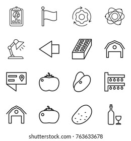 Thin line icon set : report, flag, around gear, atom, table lamp, left arrow, brick, barn, location details, tomato, beans, watering, potato, wine