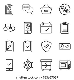 Thin line icon set : report, discussion, remove from basket, percent, sale, mobile location, terms, clipboard, pen, check, protected, in, checking, handwheel, nightstand, grill oven