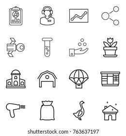 Thin line icon set : report, call center, statistics, molecule, satellite, vial, chemical industry, flower, mansion, barn, parachute delivery, wardrobe, hair dryer, flour, goose, house cleaning