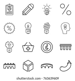 Thin line icon set : report, pencil, bulb, percent, head, brain, add to basket, info, bridge, 3d, eggplant