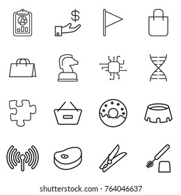 Thin line icon set : report, investment, flag, shopping bag, chess horse, chip, dna, puzzle, remove from basket, donut, stadium, wireless, steake, clothespin, toilet brush