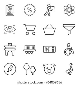 Thin line icon set : report, percent, courier, atom, eye identity, cart, basket, funnel, arch, truck shipping, ticket, invalid, electricity, trees, pig, goose