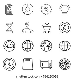 Thin line icon set : report, circle diagram, percent, hex molecule, dna, car pointer, add to cart, info, donut, globe, watch, cutting board, grill oven, wheel