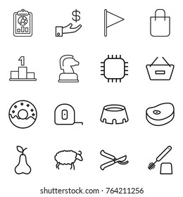 Thin line icon set : report, investment, flag, shopping bag, pedestal, chess horse, chip, remove from basket, donut, measuring tape, stadium, steake, pear, sheep, pruner, toilet brush