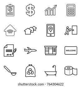 Thin line icon set : report, dollar, diagram, calculator, wireless home, houses, mobile location, courier delivery, inventory, plane, wardrobe, welcome mat, ladle, garbage bag, bath, toilet paper