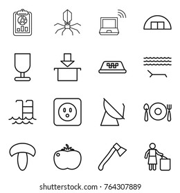 Thin line icon set : report, virus, notebook wireless, hangare, fragile, package, taxi, lounger, pool, power socket, satellite antenna, fork spoon plate, mushroom, tomato, axe, garbage bin