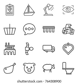 Thin line icon set : report, boat, table lamp, eye identity, basket, balloon, bridge, modern architecture, factory, satellite, shipping, heart pendant, chicken leg, pig, sheep, toilet