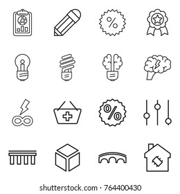 Thin line icon set : report, pencil, percent, medal, bulb, brain, infinity power, add to basket, equalizer, bridge, 3d, smart house