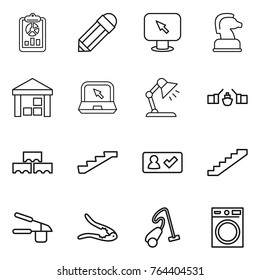 Thin line icon set : report, pencil, monitor arrow, chess horse, warehouse, notebook, table lamp, drawbridge, block wall, stairs, check in, garlic clasp, walnut crack, vacuum cleaner