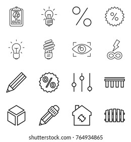 Thin line icon set : report, bulb, percent, eye identity, infinity power, pencil, equalizer, bridge, 3d, smart house, fence