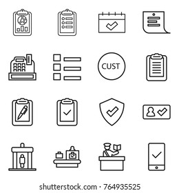 Thin line icon set : report, clipboard, calendar, shopping list, cashbox, customs, pen, check, protected, in, detector, baggage checking, inspector, mobile