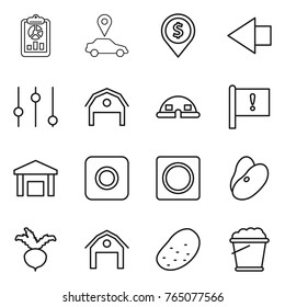 Thin line icon set : report, car pointer, dollar pin, left arrow, equalizer, barn, dome house, important flag, warehouse, ring button, beans, beet, potato, foam bucket