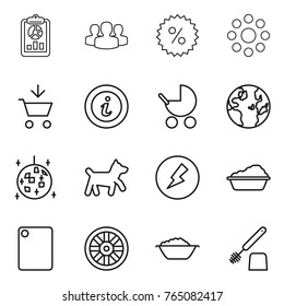 Thin line icon set : report, group, percent, round around, add to cart, info, baby stroller, globe, disco ball, dog, electricity, washing, cutting board, wheel, foam basin, toilet brush