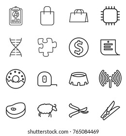 Thin line icon set : report, shopping bag, chip, dna, puzzle, dollar coin, list, donut, measuring tape, stadium, wireless, steake, sheep, pruner, clothespin