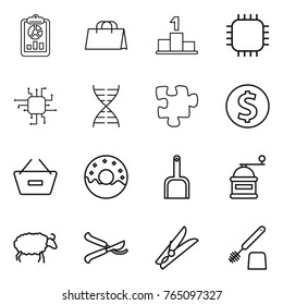 Thin line icon set : report, shopping bag, pedestal, chip, dna, puzzle, dollar coin, remove from basket, donut, scoop, hand mill, sheep, pruner, clothespin, toilet brush