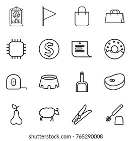 Thin line icon set : report, flag, shopping bag, chip, dollar coin, list, donut, measuring tape, stadium, scoop, steake, pear, sheep, clothespin, toilet brush