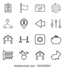 Thin line icon set : report, flag, calendar, around gear, car pointer, dollar pin, left arrow, equalizer, barn, vip fence, ring button, tomato, watering, beet, rabbit