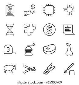 Thin line icon set : report, investment, chip, dna, puzzle, dollar coin, shopping list, measuring tape, hand mill, steake, pear, sheep, pruner, clothespin, toilet brush