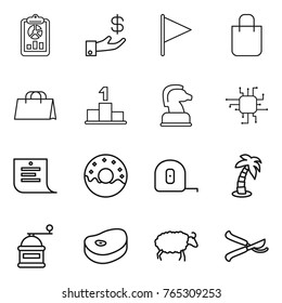 Thin line icon set : report, investment, flag, shopping bag, pedestal, chess horse, chip, list, donut, measuring tape, palm, hand mill, steake, sheep, pruner