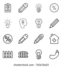 Thin line icon set : report, pencil, bulb, percent, head, brain, smart house, fence, eggplant