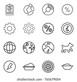 Thin line icon set : report, circle diagram, percent, gear, round around, info, globe, earth, dog, electricity, washing, wheel, foam basin