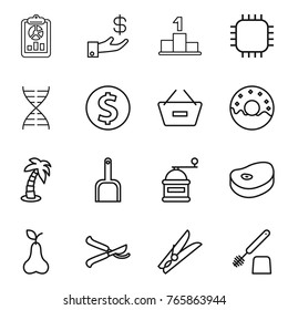 Thin line icon set : report, investment, pedestal, chip, dna, dollar coin, remove from basket, donut, palm, scoop, hand mill, steake, pear, pruner, clothespin, toilet brush